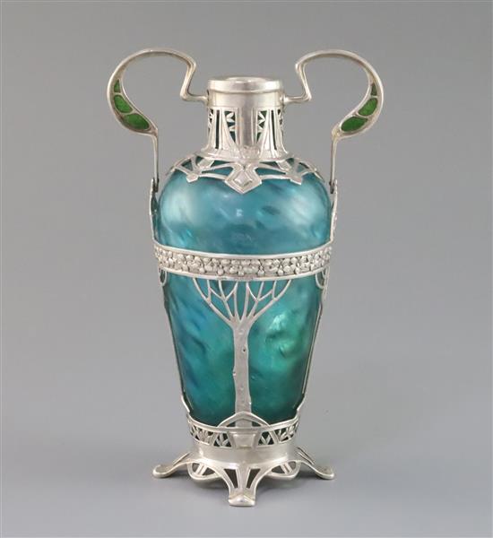 An early 20th century Austrian? Art Nouveau silver mounted two handled blue/green glass vase,